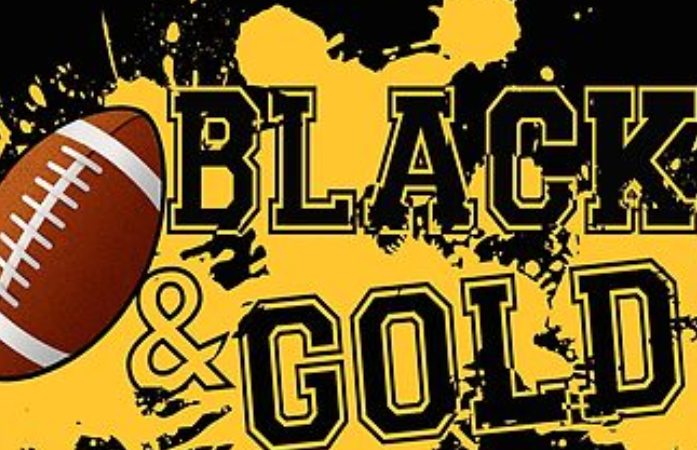  a football and letters in the back that say black and gold